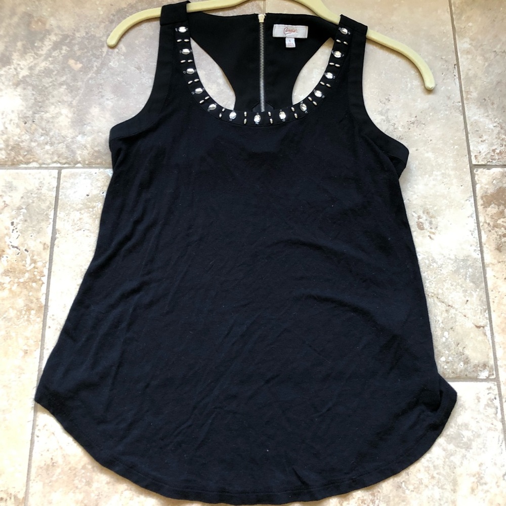 Black tank top with, Gem neckline, zipper back